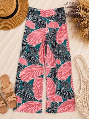 Polly Wolly Doodle Tropical Leaf Print Palazzo Pants XL Made in USA